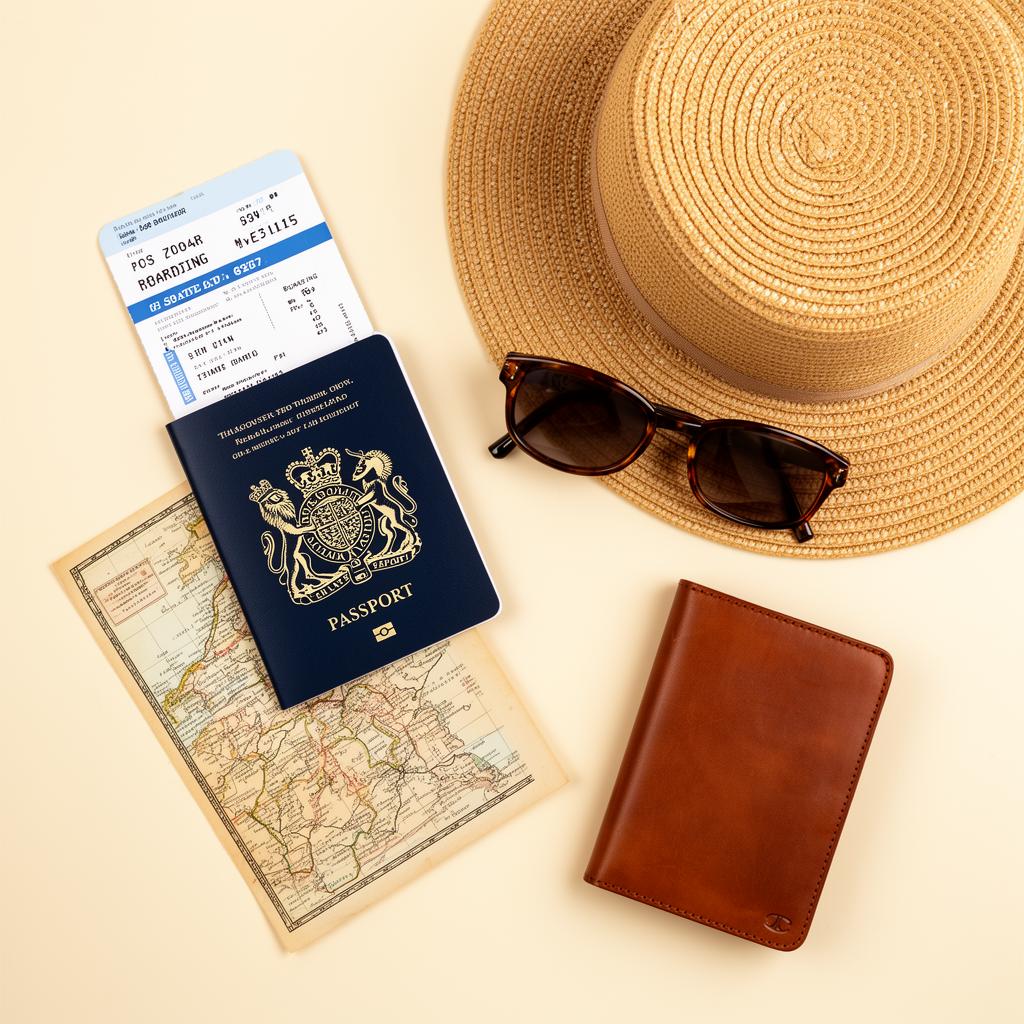 Passport, boarding pass and sun hat flatlay