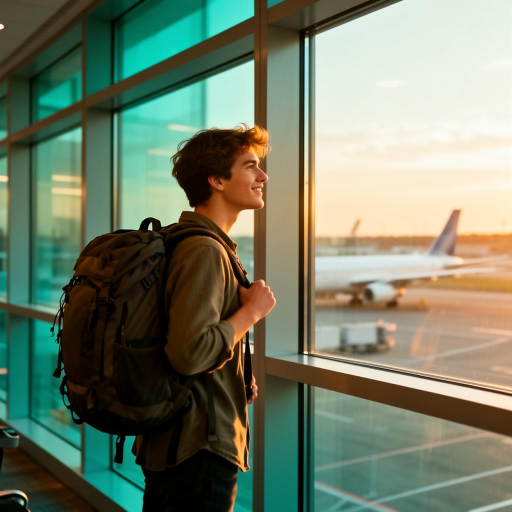 Traveller at an airport window at golden hour